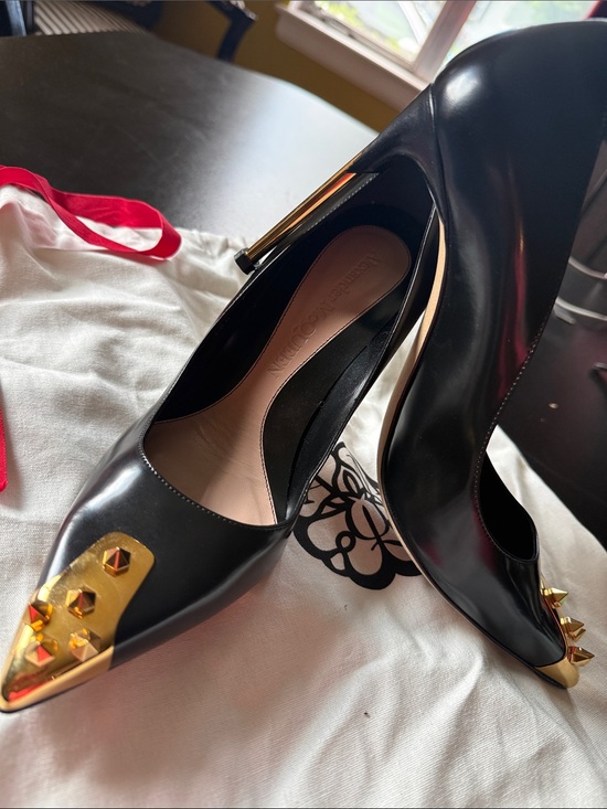 Alexander McQueen Shoes - Alexander McQueen Black Leather Pointed Toe Pumps with Gold Cap & Studs